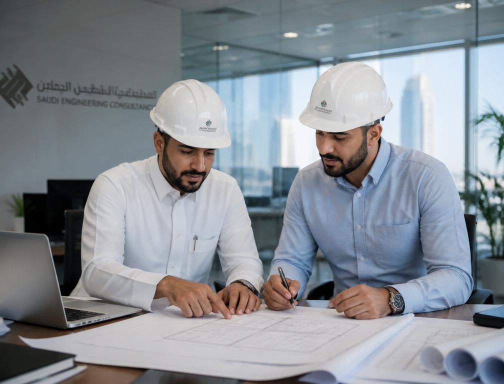 فريق مكتب المهندس للاستشارات الهندسية أثناء مراجعة المخططات